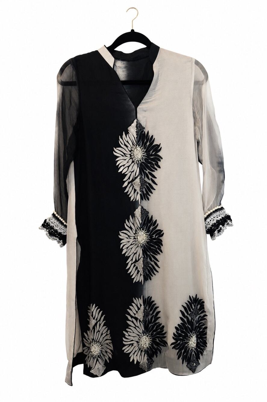 Black & Ivory Sheer Beaded Floral Tunic Dress